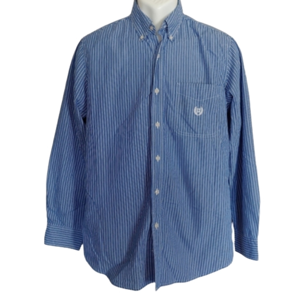 Chaps Blue and White Vetical Strip Button Down Dress Shirt Size Mens Small